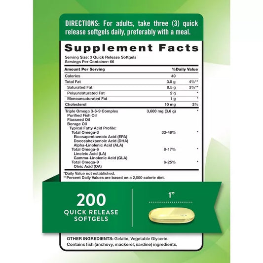 Nature's Truth Triple Omega 3-6-9 | 3600mg | 200 capsulas