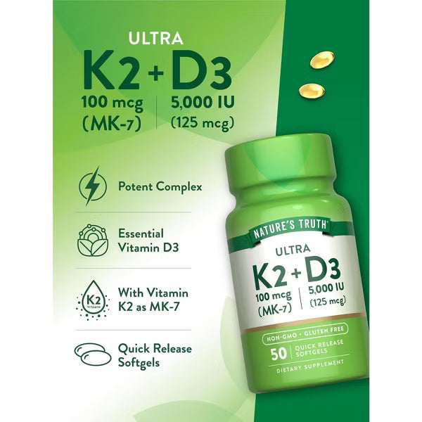 Vitamin K2 MK7 Complex | 100 mcg | 50 capsulas | con D3