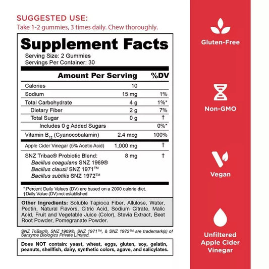 Apple Cider Vinegar Sugar Free Gummies - 60 gomitas